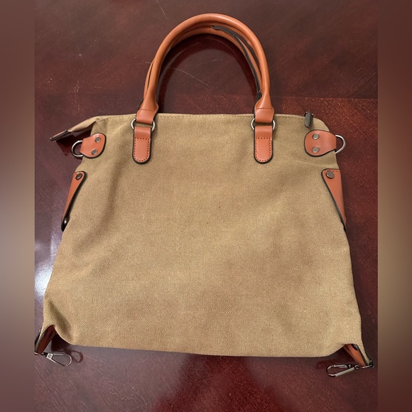 PARIS STAMPED Retro Vintage Canvas Large Tote Bag Purse W/Strap Khaki - Picture 7 of 10